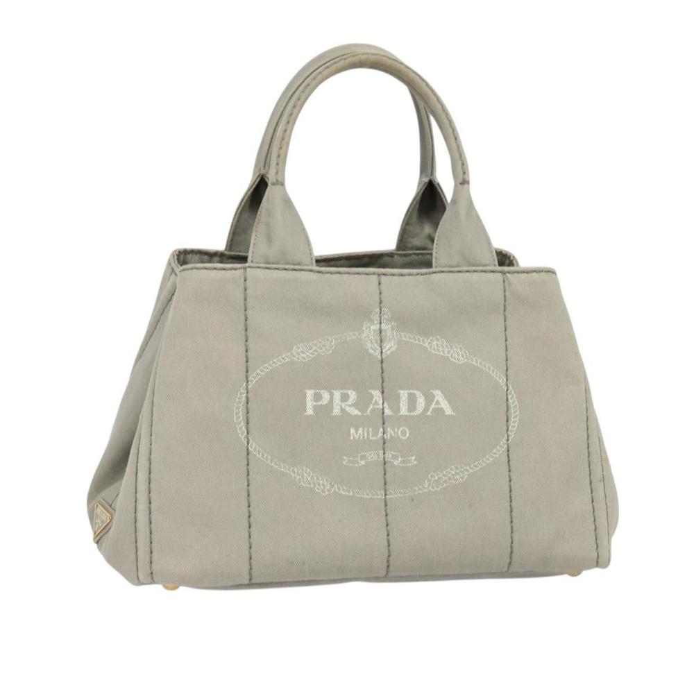 PRADA Canapa MM Hand Bag Canvas Gray Gold Auth ep9063